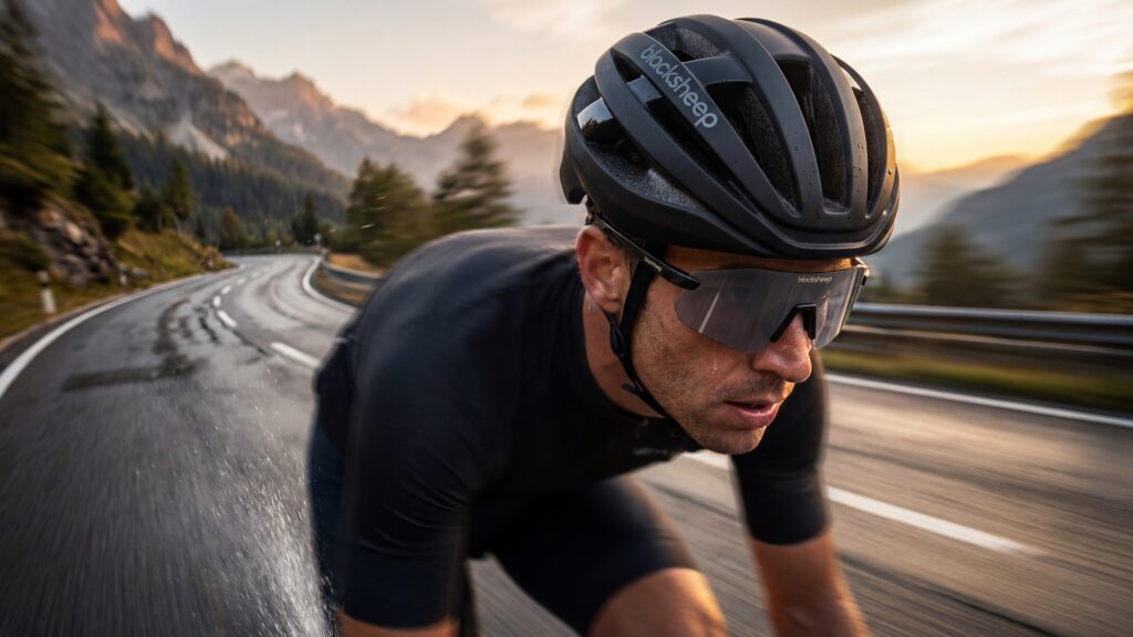Rennradfahrer mit Blacksheep-Eyewear-Sportbrille und Helm auf einer Passstraße