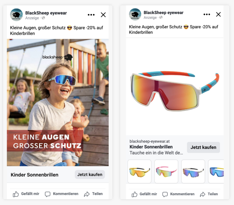Zwei Meta-Anzeigen von Blacksheep Eyewear für Kinder-Sonnenbrillen: „Kleine Augen, großer Schutz – spare 20 %“