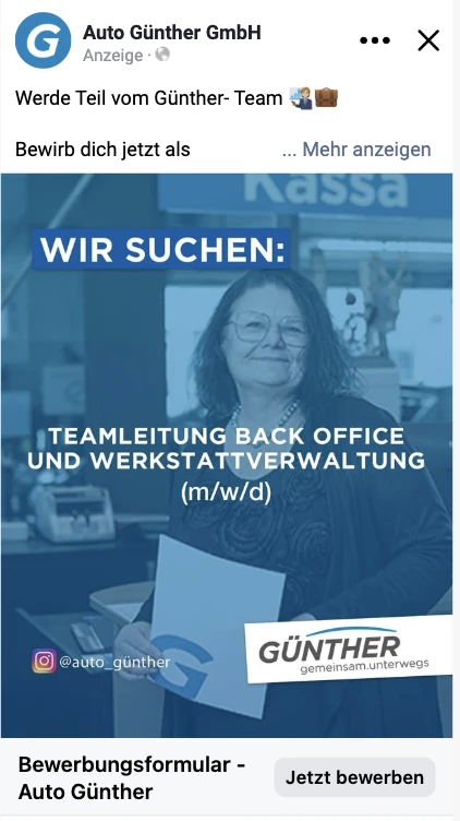 Meta-Recruiting-Anzeige von Auto Günther mit Bewerbungsformular
