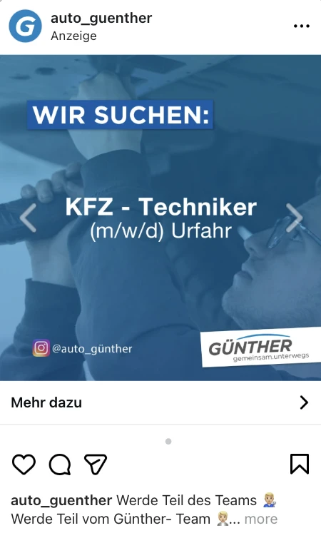 Instagram-Recruiting-Anzeige von Auto Günther: KFZ-Techniker in Urfahr gesucht