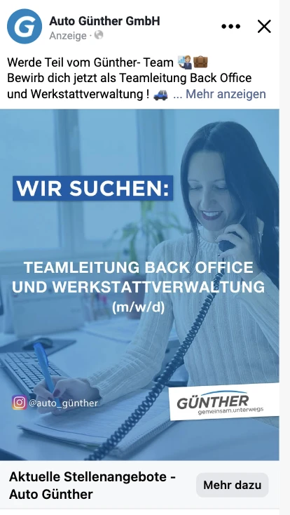 Facebook-Recruiting-Anzeige von Auto Günther: Teamleitung Back Office – Meta Ads von FREDUNDSO