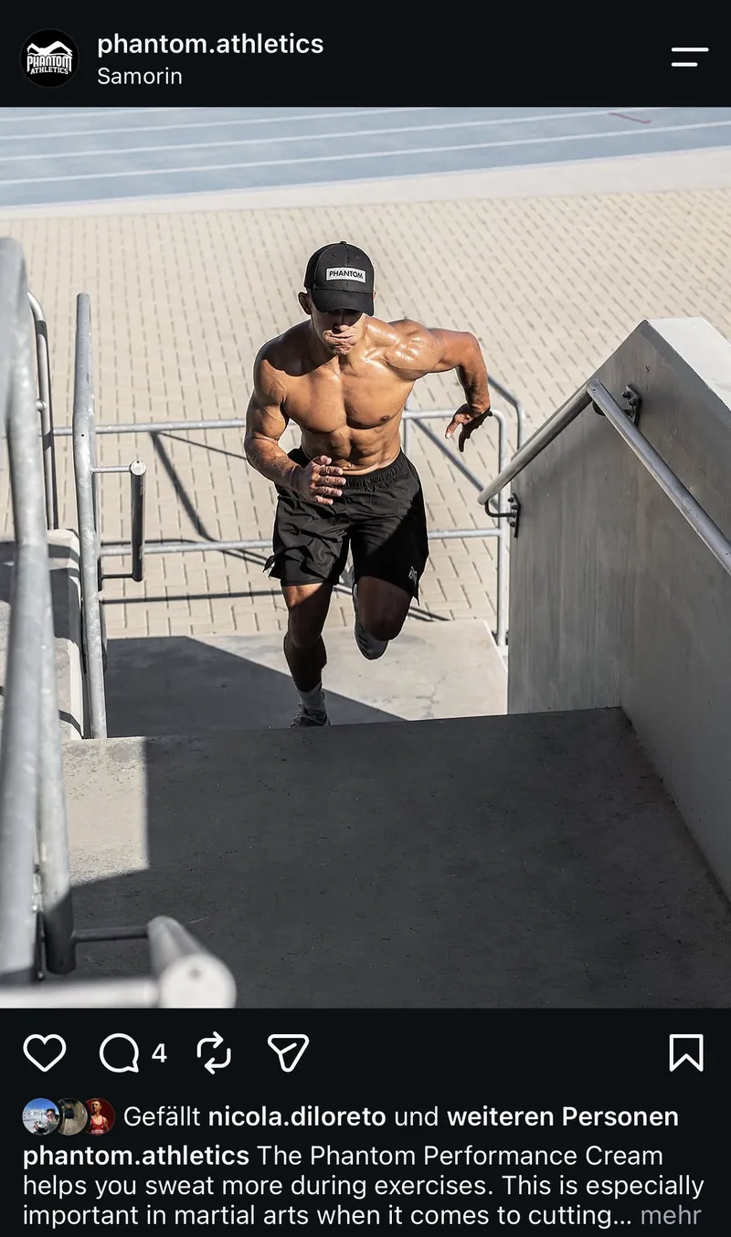 Instagram-Beitrag von Phantom Athletics: Athlet läuft Stiegen im Stadion