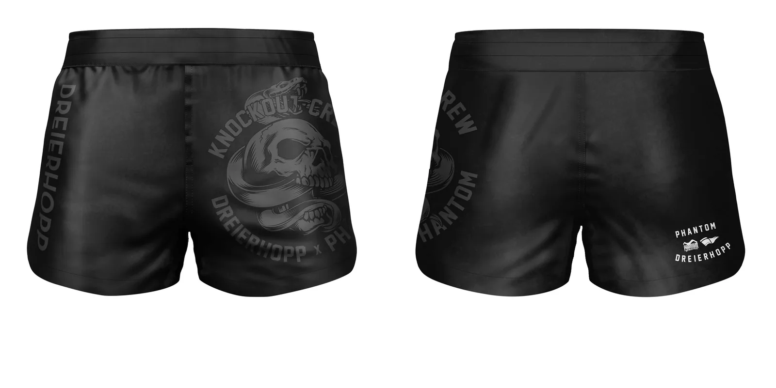 MMA-Shorts-Design „Knockout Crew“ (Dreierhopp × Phantom) – Vorder- und Rückseite