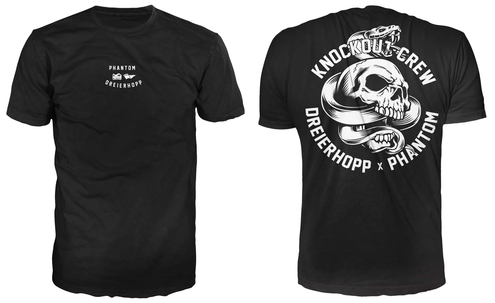 T-Shirt-Design „Knockout Crew“ (Dreierhopp × Phantom) – Vorder- und Rückseite
